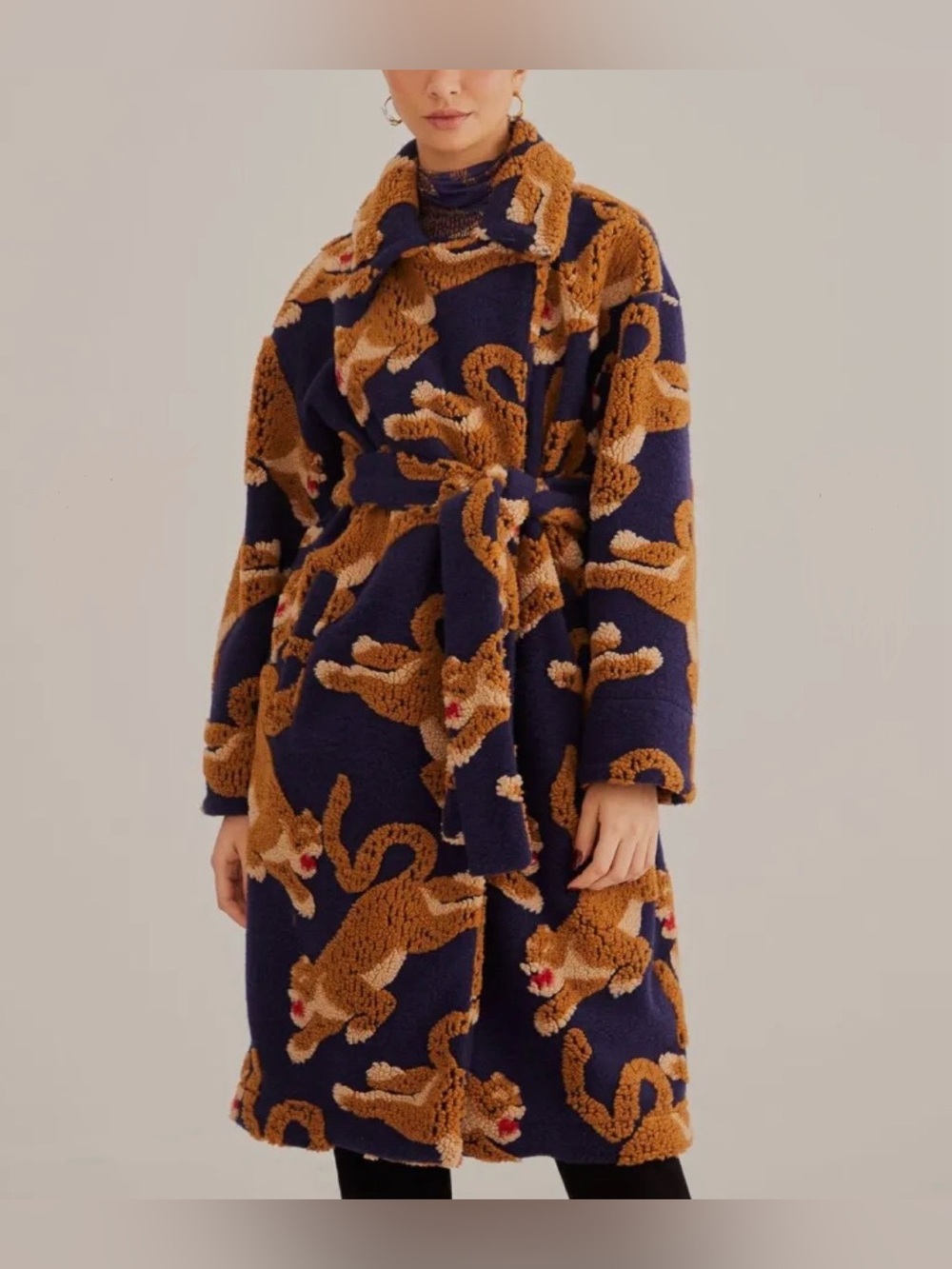 FARM RIO Navy Leopards Fleece Belted Long Wrap Overcoat Jacket Teddy NWT